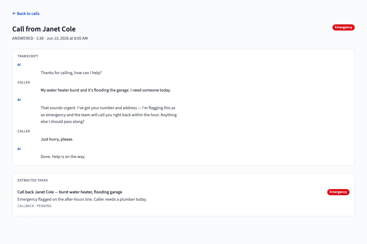 A handled call in the console: the full transcript plus the emergency follow-up task the AI pulled out of it.